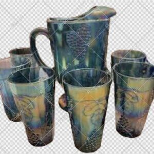 Carnival Glass Lg Pitcher w/ 6 Tumblers | Iridescent Blue| Indiana Glassware